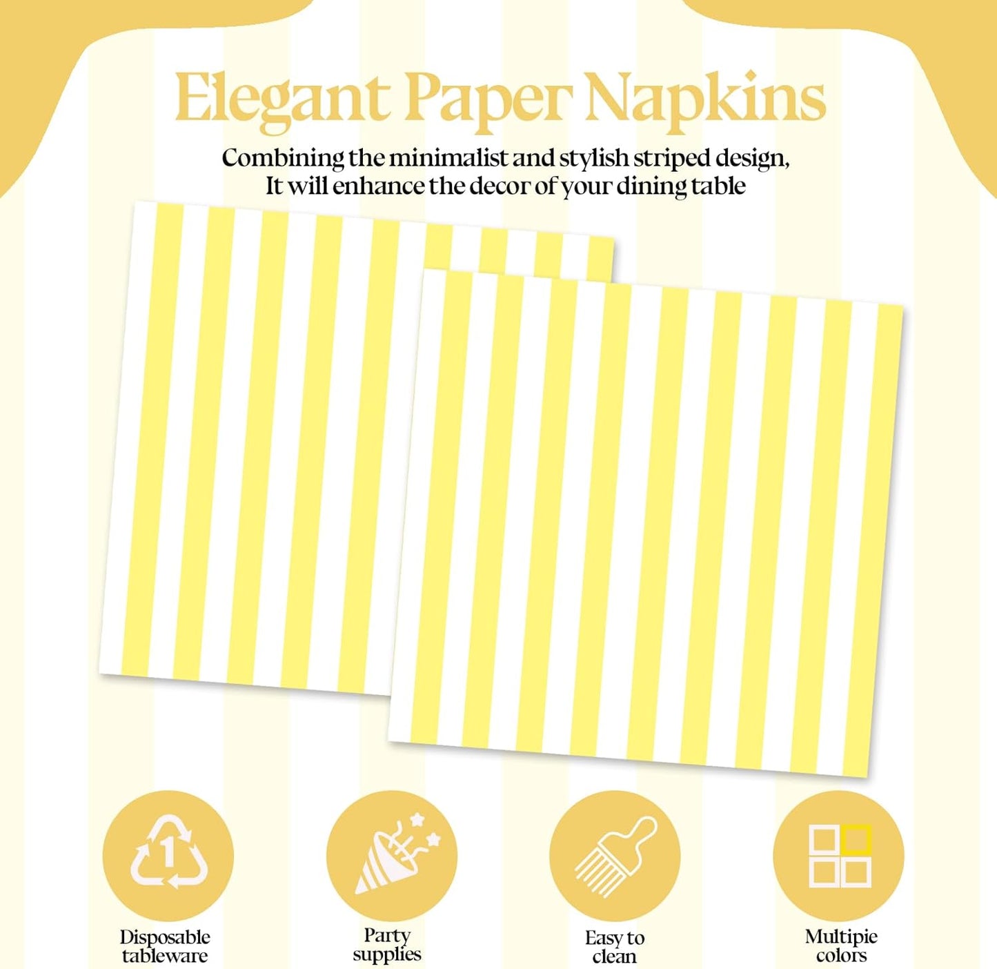 50PCS Yellow and White Striped Paper Napkins, Light Yellow Dinner Napkin Disposable Beverage Dessert Luncheon Napkins for Birthday Bridal & Baby Shower Wedding Party Supplies