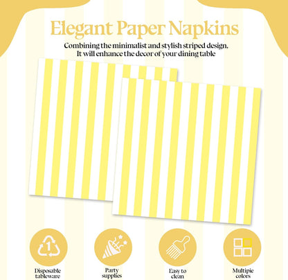 50PCS Yellow and White Striped Paper Napkins, Light Yellow Dinner Napkin Disposable Beverage Dessert Luncheon Napkins for Birthday Bridal & Baby Shower Wedding Party Supplies