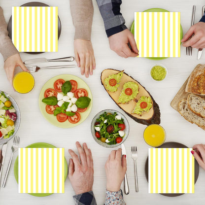 50PCS Yellow and White Striped Paper Napkins, Light Yellow Dinner Napkin Disposable Beverage Dessert Luncheon Napkins for Birthday Bridal & Baby Shower Wedding Party Supplies
