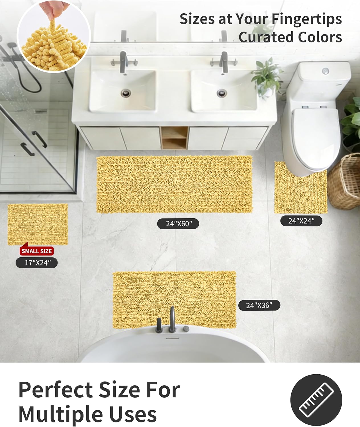 Bathroom Rugs Yellow 24x17,Extra Soft Absorbent Chenille Bath Rugs,Thick Non-Slip Shaggy Bath Mat,Machine Washable Quick Dry Shaggy Bath Mats for Bathroom Floor, Tub, Shower Accessories