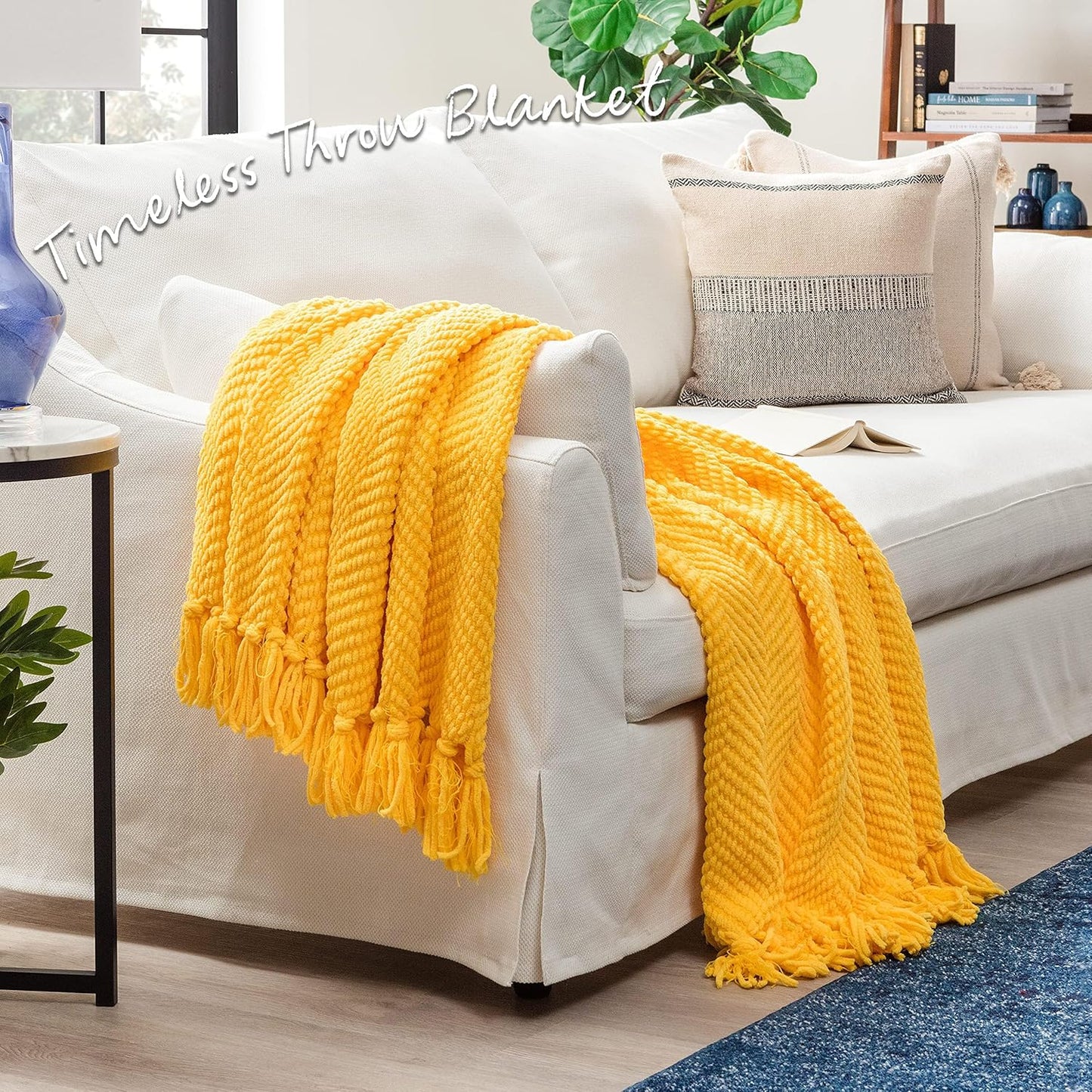 Premium Textured Knit Throw Blanket with Tassels - Soft, Cozy Blanket for Couch, Bed, Living Room - 50" x 65” - Bright Yellow
