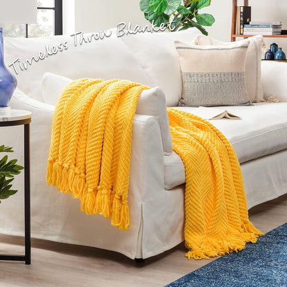 Premium Textured Knit Throw Blanket with Tassels - Soft, Cozy Blanket for Couch, Bed, Living Room - 50" x 65” - Bright Yellow