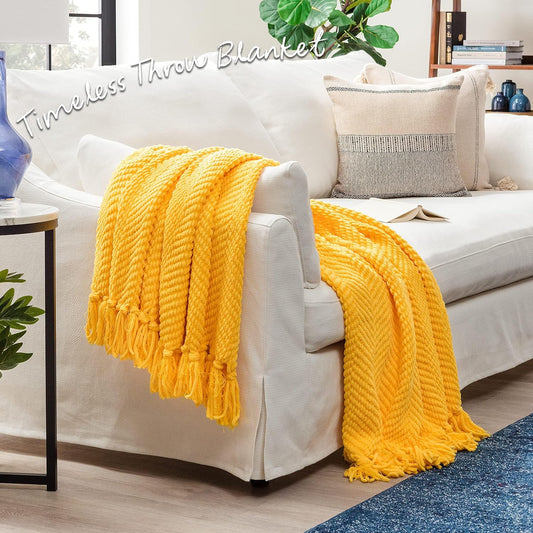 Premium Textured Knit Throw Blanket with Tassels - Soft, Cozy Blanket for Couch, Bed, Living Room - 50" x 65” - Bright Yellow