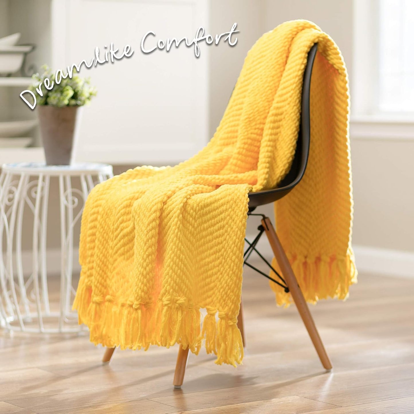 Premium Textured Knit Throw Blanket with Tassels - Soft, Cozy Blanket for Couch, Bed, Living Room - 50" x 65” - Bright Yellow
