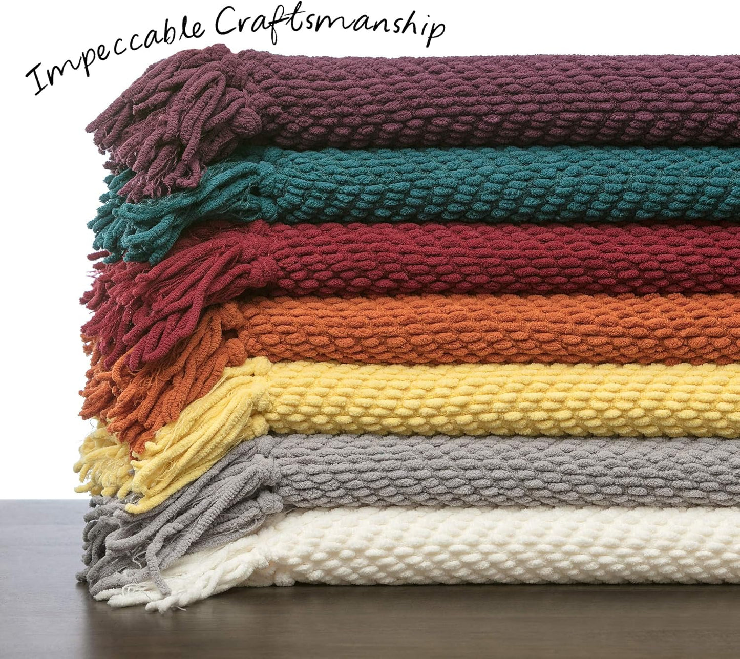 Premium Textured Knit Throw Blanket with Tassels - Soft, Cozy Blanket for Couch, Bed, Living Room - 50" x 65” - Bright Yellow
