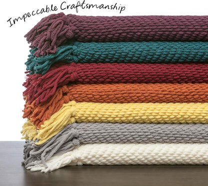 Premium Textured Knit Throw Blanket with Tassels - Soft, Cozy Blanket for Couch, Bed, Living Room - 50" x 65” - Bright Yellow