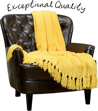 Premium Textured Knit Throw Blanket with Tassels - Soft, Cozy Blanket for Couch, Bed, Living Room - 50" x 65” - Bright Yellow