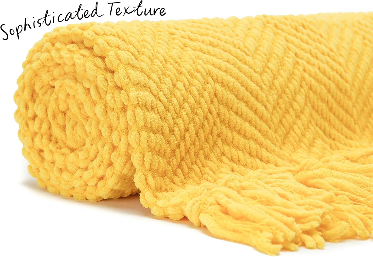 Premium Textured Knit Throw Blanket with Tassels - Soft, Cozy Blanket for Couch, Bed, Living Room - 50" x 65” - Bright Yellow