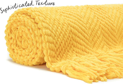 Premium Textured Knit Throw Blanket with Tassels - Soft, Cozy Blanket for Couch, Bed, Living Room - 50" x 65” - Bright Yellow