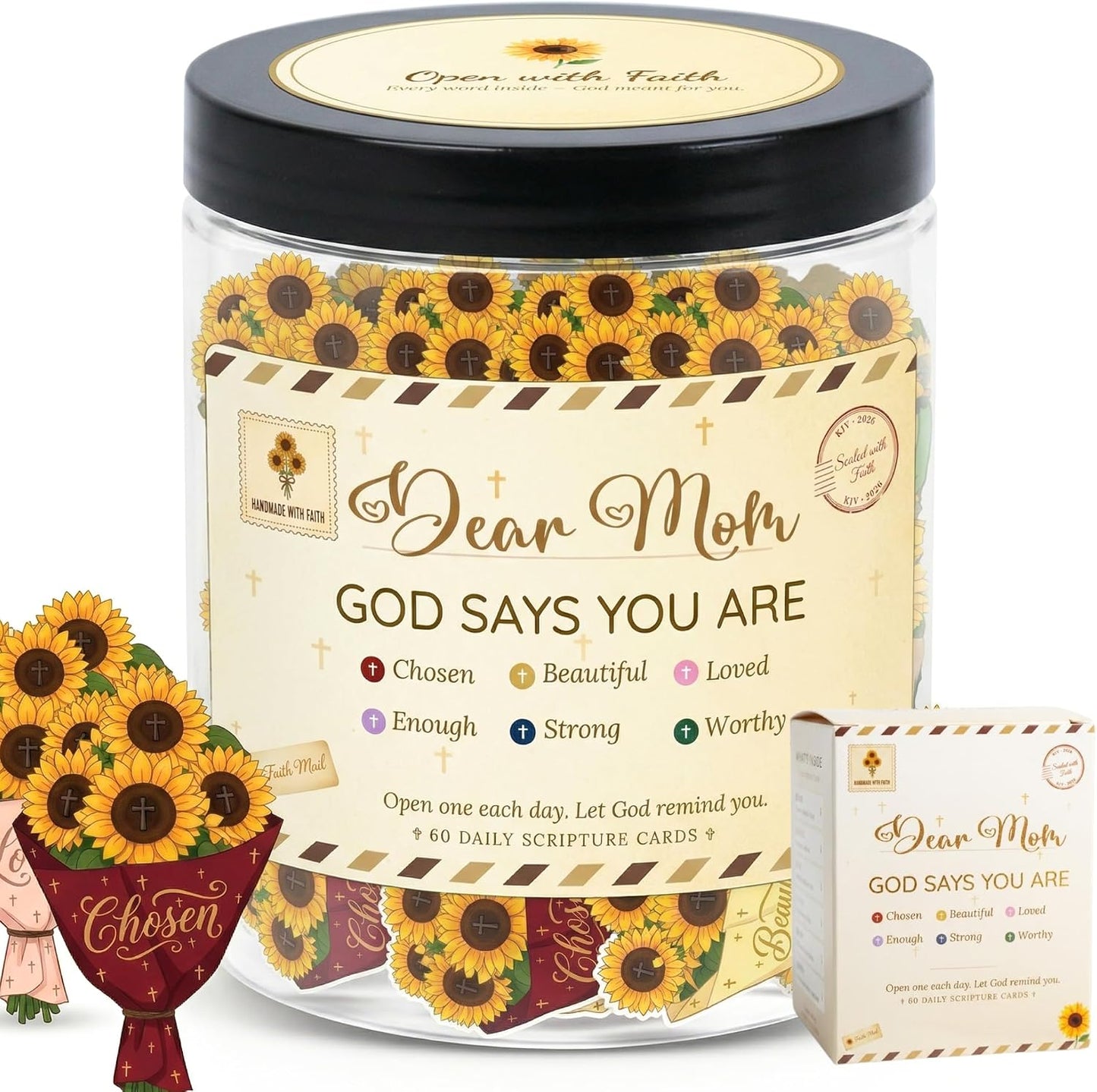 Positive Sunshine Jar - 60 Affirmation Cards, Emotional Support, Yellow - Sunflower - Sunshine Gifts, Stocking Stuffers, Human Sunshine Gift For Women, Cowokers, Friends, Teens