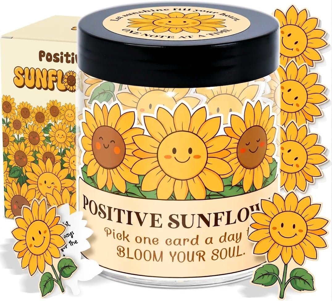 Positive Sunshine Jar - 60 Affirmation Cards, Emotional Support, Yellow - Sunflower - Sunshine Gifts, Stocking Stuffers, Human Sunshine Gift For Women, Cowokers, Friends, Teens