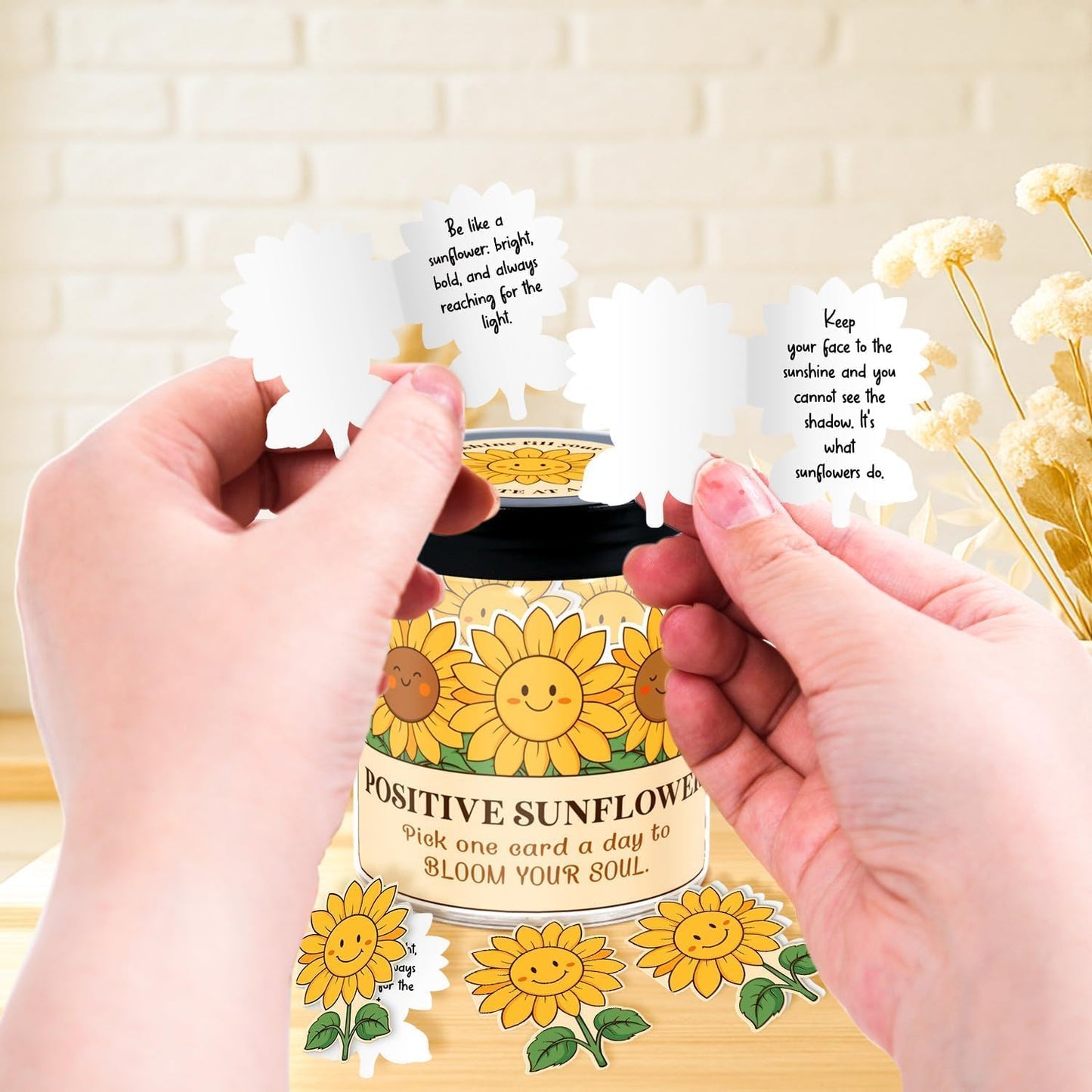 Positive Sunshine Jar - 60 Affirmation Cards, Emotional Support, Yellow - Sunflower - Sunshine Gifts, Stocking Stuffers, Human Sunshine Gift For Women, Cowokers, Friends, Teens