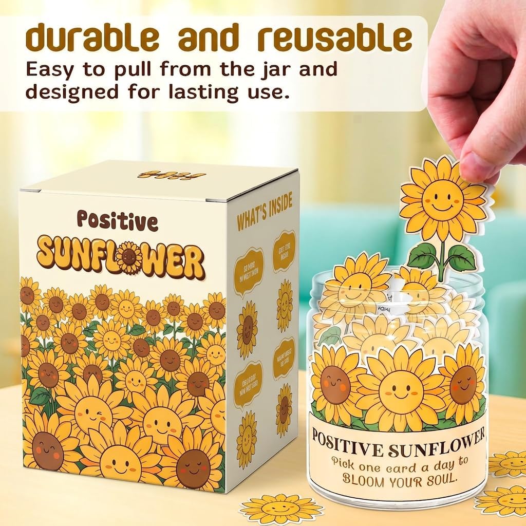 Positive Sunshine Jar - 60 Affirmation Cards, Emotional Support, Yellow - Sunflower - Sunshine Gifts, Stocking Stuffers, Human Sunshine Gift For Women, Cowokers, Friends, Teens