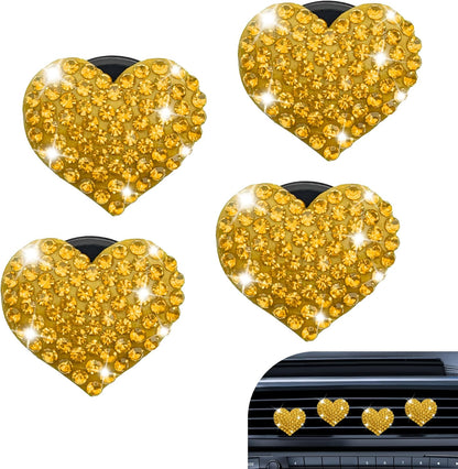 4PCS Heart-Shaped Car Vent Clips, Crystal Rhinestone Car Air Vent Clip, Heart Car Air Conditioning Outlet Perfume Holder, Universal Bling Car Interior Accessories for Women Girls (Yellow)