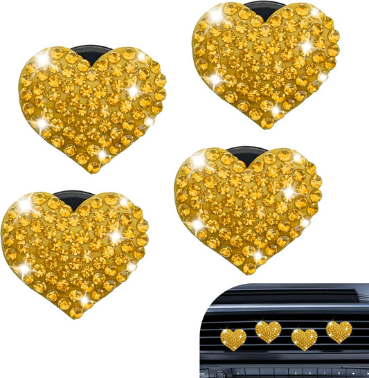 4PCS Heart-Shaped Car Vent Clips, Crystal Rhinestone Car Air Vent Clip, Heart Car Air Conditioning Outlet Perfume Holder, Universal Bling Car Interior Accessories for Women Girls (Yellow)