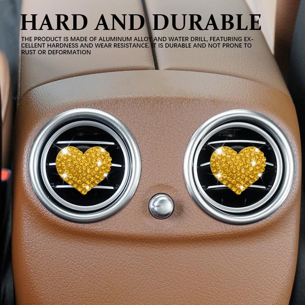 4PCS Heart-Shaped Car Vent Clips, Crystal Rhinestone Car Air Vent Clip, Heart Car Air Conditioning Outlet Perfume Holder, Universal Bling Car Interior Accessories for Women Girls (Yellow)