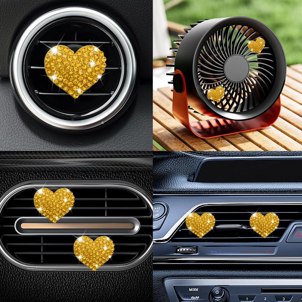 4PCS Heart-Shaped Car Vent Clips, Crystal Rhinestone Car Air Vent Clip, Heart Car Air Conditioning Outlet Perfume Holder, Universal Bling Car Interior Accessories for Women Girls (Yellow)