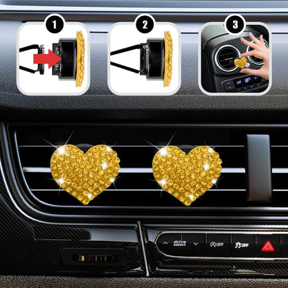 4PCS Heart-Shaped Car Vent Clips, Crystal Rhinestone Car Air Vent Clip, Heart Car Air Conditioning Outlet Perfume Holder, Universal Bling Car Interior Accessories for Women Girls (Yellow)