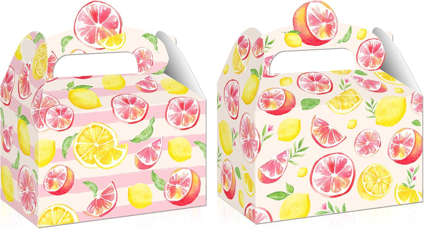 Pink Citrus Lemon Party Favor Boxes Summer Baby Shower Treat Gift Boxes | 12pcs pre-folded citrus lemon gable treat boxes, for little cutie summer baby shower candy favor decor