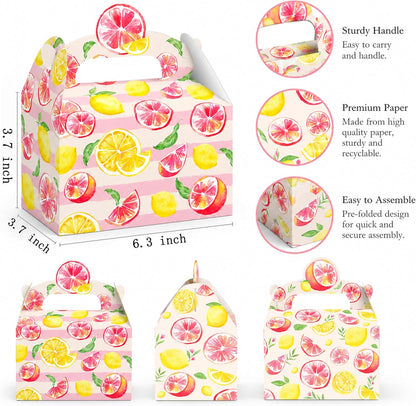 Pink Citrus Lemon Party Favor Boxes Summer Baby Shower Treat Gift Boxes | 12pcs pre-folded citrus lemon gable treat boxes, for little cutie summer baby shower candy favor decor