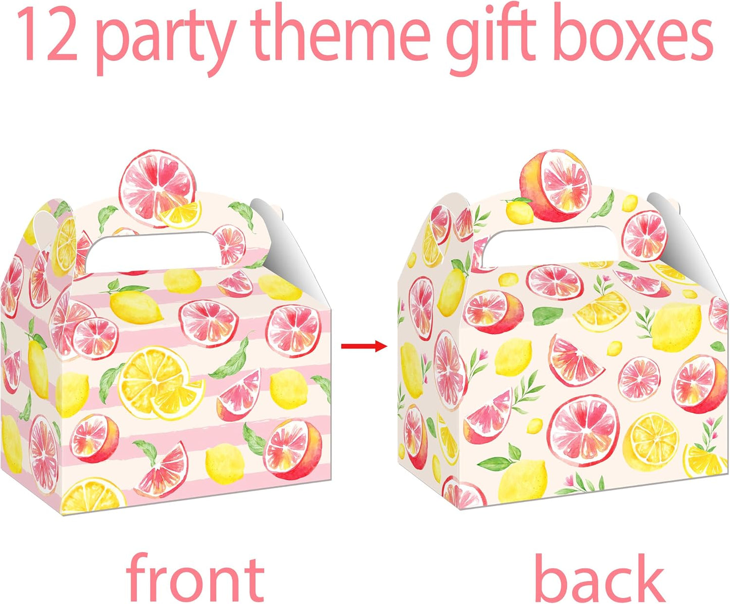 Pink Citrus Lemon Party Favor Boxes Summer Baby Shower Treat Gift Boxes | 12pcs pre-folded citrus lemon gable treat boxes, for little cutie summer baby shower candy favor decor
