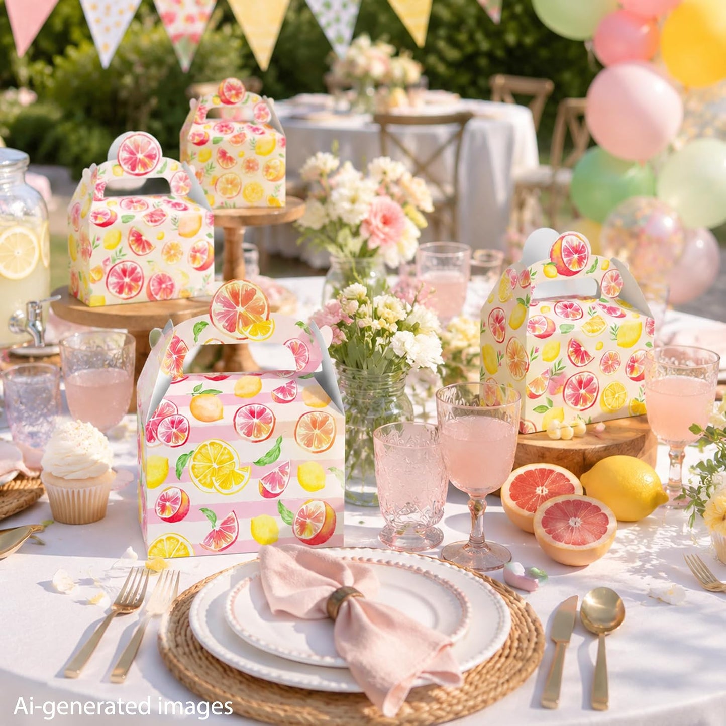 Pink Citrus Lemon Party Favor Boxes Summer Baby Shower Treat Gift Boxes | 12pcs pre-folded citrus lemon gable treat boxes, for little cutie summer baby shower candy favor decor