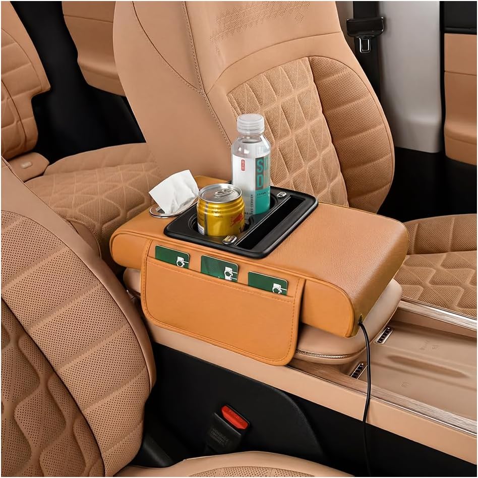 Car Center Console Armrest Pillow, 5-in-1 Memory Foam Armrest Cover with 2 Storage Bag, Tissue Box, Cup Phone Holder, Auto Middle Console Arm Rest Protector Organizer, Universal Fit (Yellow)