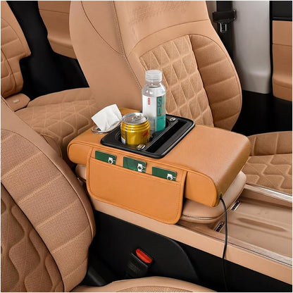 Car Center Console Armrest Pillow, 5-in-1 Memory Foam Armrest Cover with 2 Storage Bag, Tissue Box, Cup Phone Holder, Auto Middle Console Arm Rest Protector Organizer, Universal Fit (Yellow)