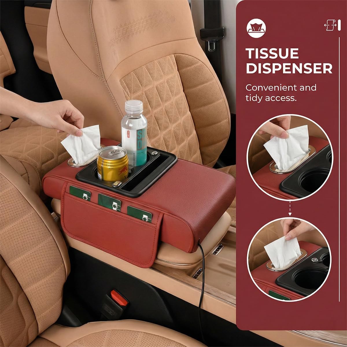 Car Center Console Armrest Pillow, 5-in-1 Memory Foam Armrest Cover with 2 Storage Bag, Tissue Box, Cup Phone Holder, Auto Middle Console Arm Rest Protector Organizer, Universal Fit (Yellow)
