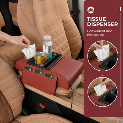 Car Center Console Armrest Pillow, 5-in-1 Memory Foam Armrest Cover with 2 Storage Bag, Tissue Box, Cup Phone Holder, Auto Middle Console Arm Rest Protector Organizer, Universal Fit (Yellow)