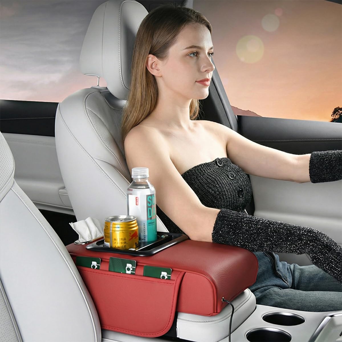 Car Center Console Armrest Pillow, 5-in-1 Memory Foam Armrest Cover with 2 Storage Bag, Tissue Box, Cup Phone Holder, Auto Middle Console Arm Rest Protector Organizer, Universal Fit (Yellow)