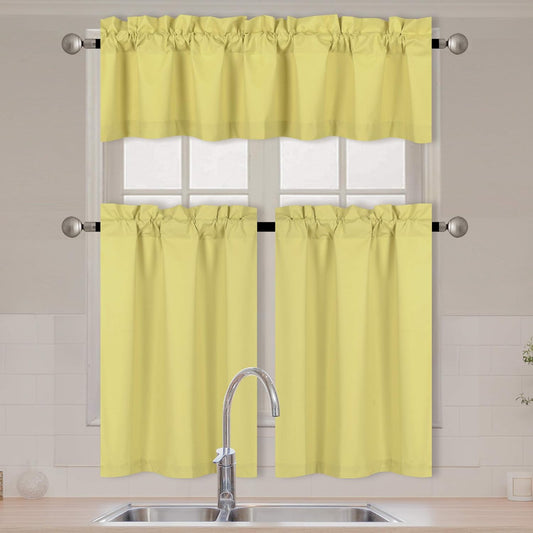 Fancy Collection 3 Piece Faux Silk Blackout Kitchen Curtain Set - Tier Curtains and Valance - Solid Yellow - Thermal Backing