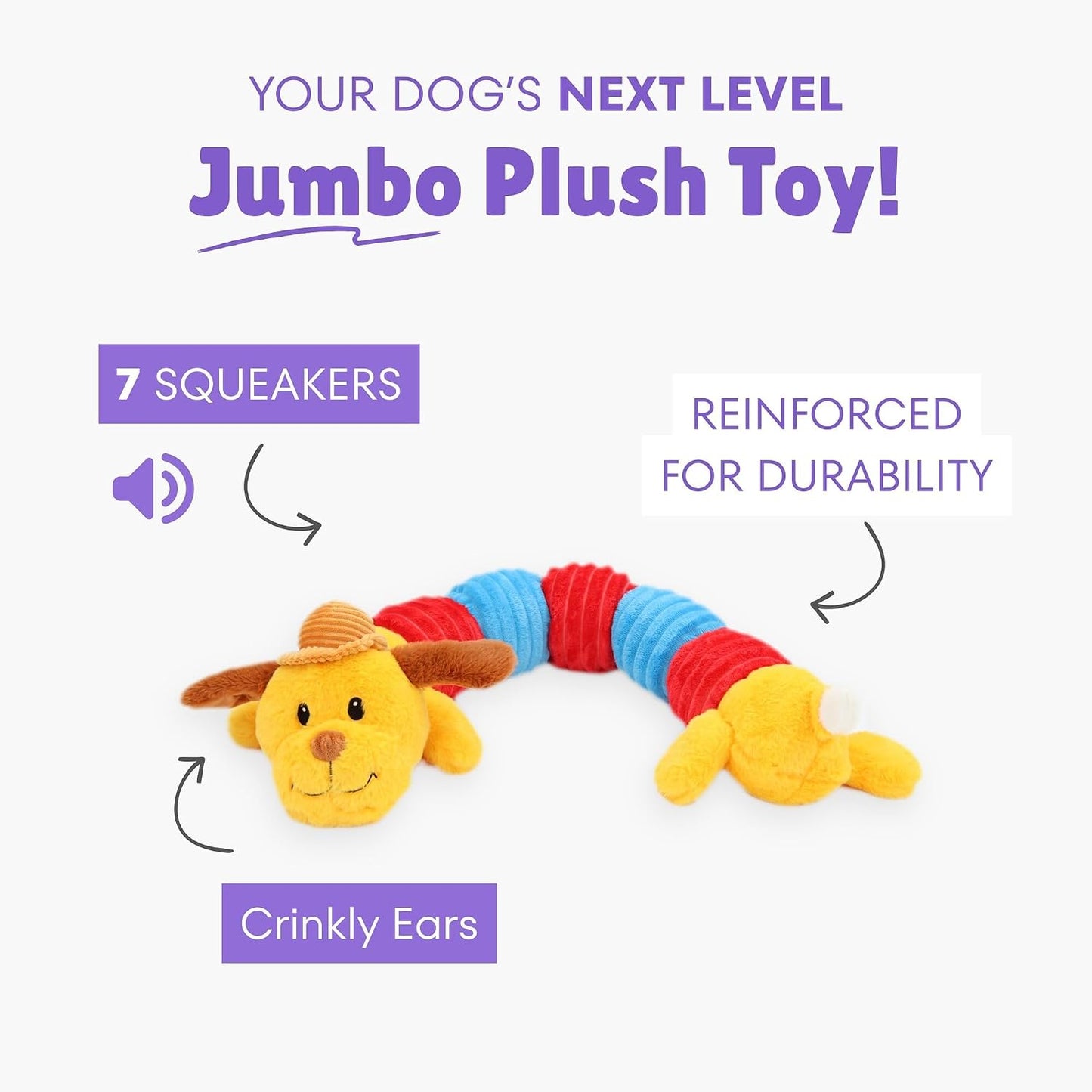 Jumbo Dogapillar - 35" Long Plush Dog Toy, Yellow-Red-Blue Animal, 7 Squeakers, Reinforced Corduroy Fabric, Carry-Snuggle-Chew-Play