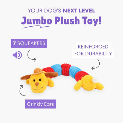 Jumbo Dogapillar - 35" Long Plush Dog Toy, Yellow-Red-Blue Animal, 7 Squeakers, Reinforced Corduroy Fabric, Carry-Snuggle-Chew-Play