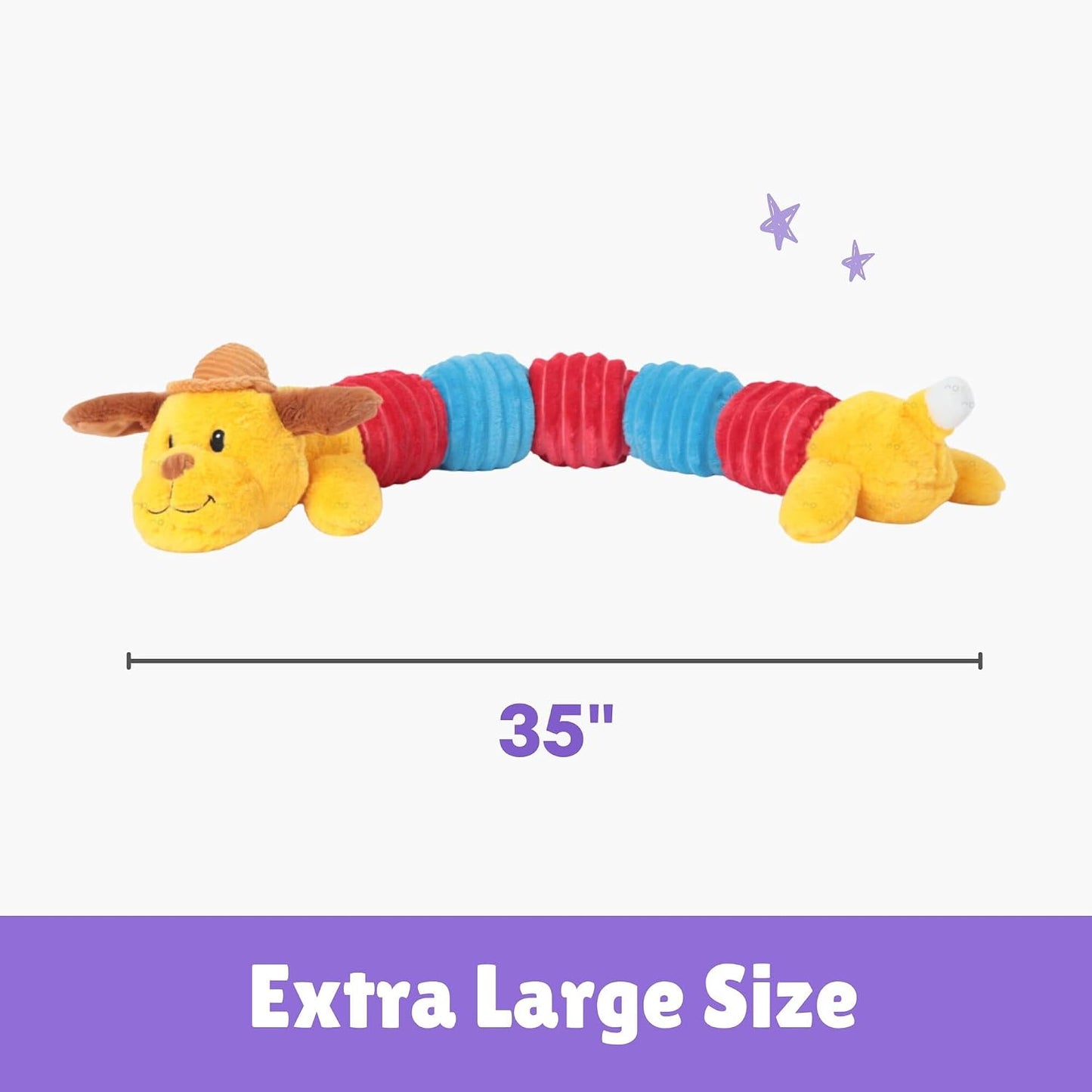 Jumbo Dogapillar - 35" Long Plush Dog Toy, Yellow-Red-Blue Animal, 7 Squeakers, Reinforced Corduroy Fabric, Carry-Snuggle-Chew-Play