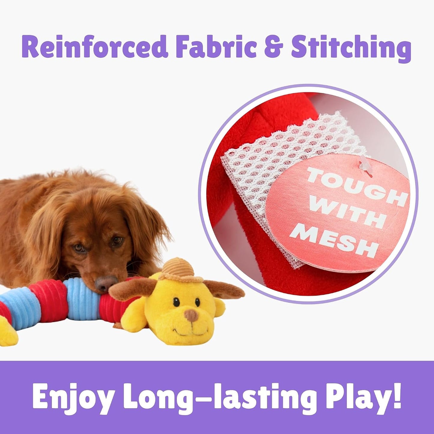 Jumbo Dogapillar - 35" Long Plush Dog Toy, Yellow-Red-Blue Animal, 7 Squeakers, Reinforced Corduroy Fabric, Carry-Snuggle-Chew-Play