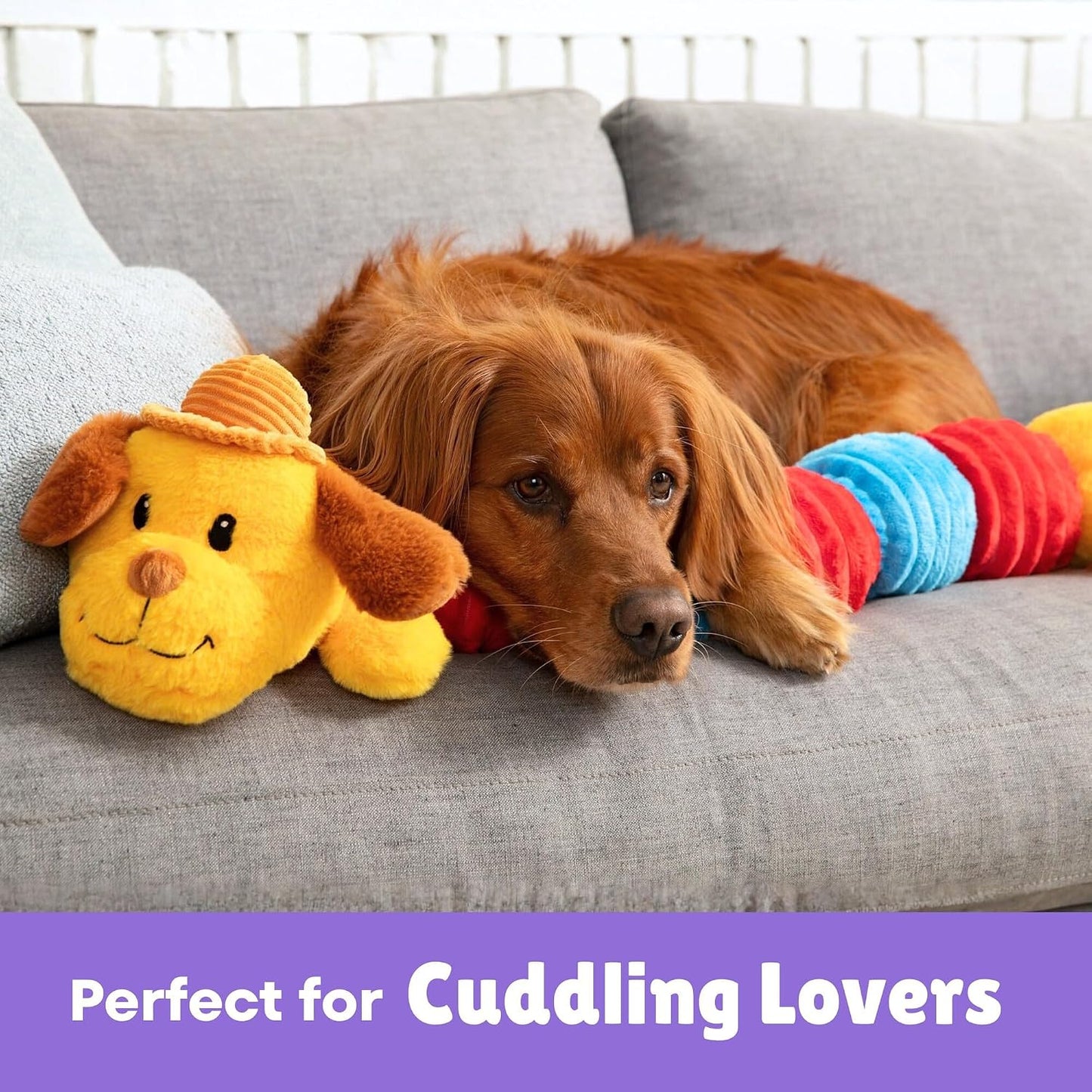 Jumbo Dogapillar - 35" Long Plush Dog Toy, Yellow-Red-Blue Animal, 7 Squeakers, Reinforced Corduroy Fabric, Carry-Snuggle-Chew-Play