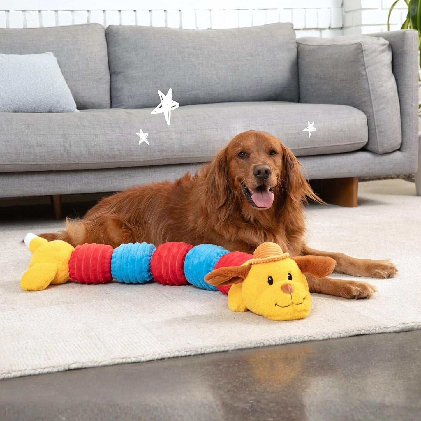 Jumbo Dogapillar - 35" Long Plush Dog Toy, Yellow-Red-Blue Animal, 7 Squeakers, Reinforced Corduroy Fabric, Carry-Snuggle-Chew-Play