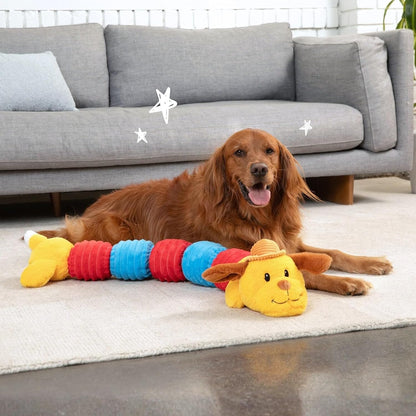 Jumbo Dogapillar - 35" Long Plush Dog Toy, Yellow-Red-Blue Animal, 7 Squeakers, Reinforced Corduroy Fabric, Carry-Snuggle-Chew-Play