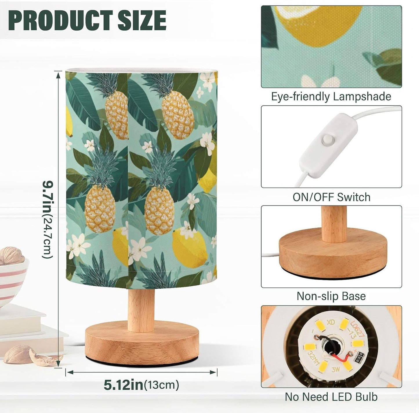 Bedside Table Lamp Lemon Yellow Citrus Fruits (18) Kids Nightstand Lamp Night Light Fabric Shade for Bedroom Living Room Home Office