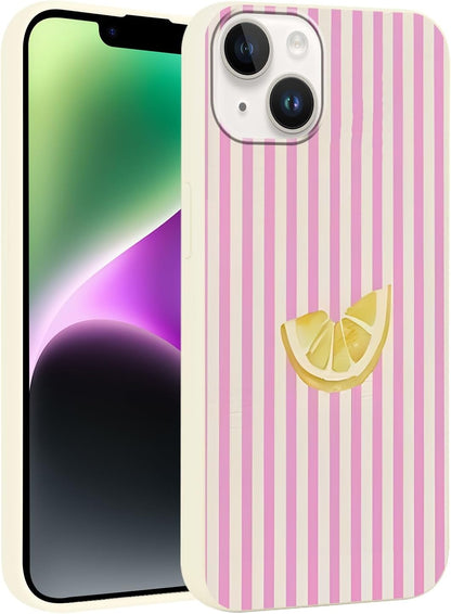 Cute Striped Case for iPhone 14/iPhone 13 Summer, Aesthetic Pink White Stripes Lemons Pattern Design Print Phone Cover for Women Men, Soft Slim TPU Protective Shell for iPhone 14 6,1"