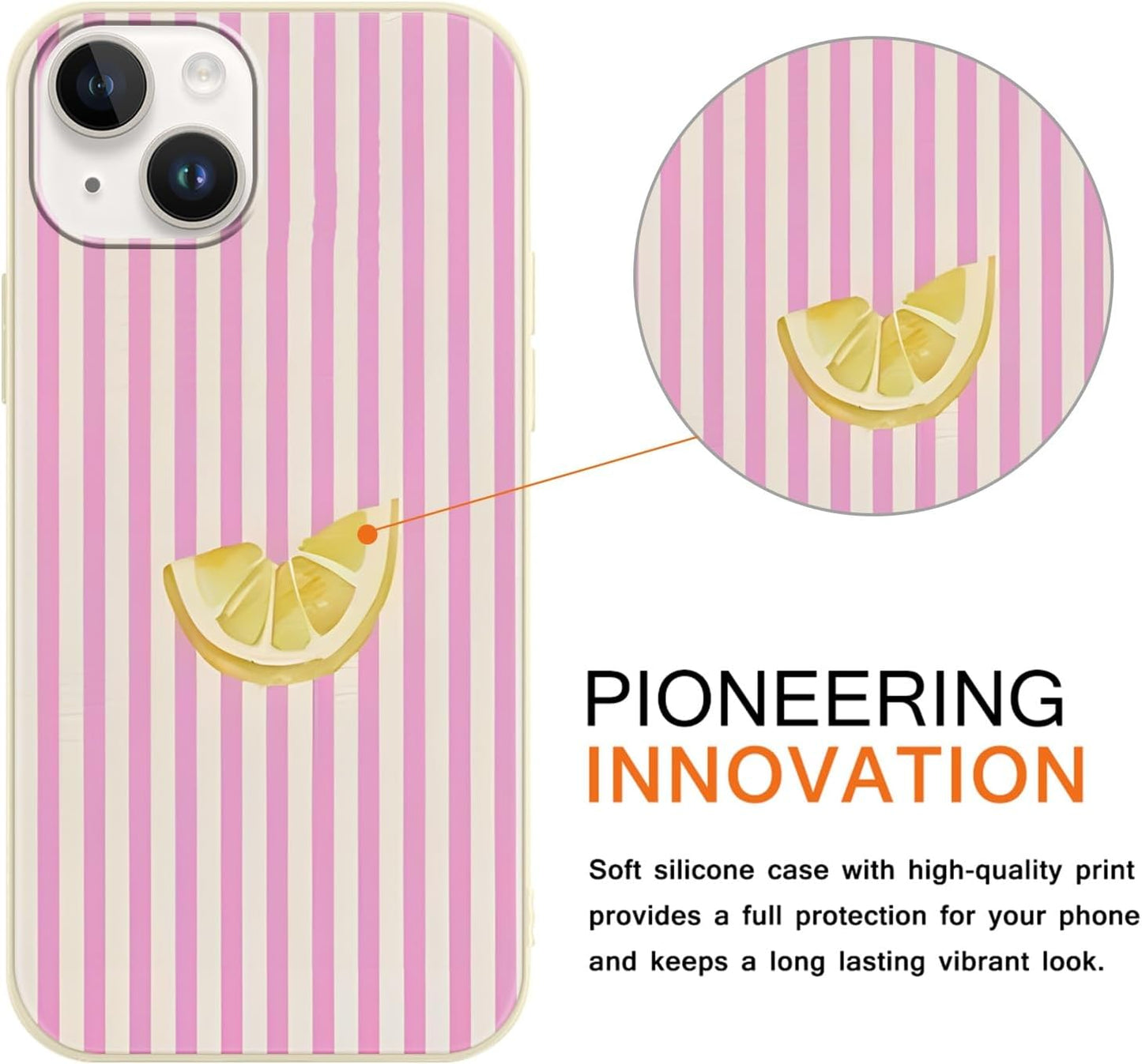 Cute Striped Case for iPhone 14/iPhone 13 Summer, Aesthetic Pink White Stripes Lemons Pattern Design Print Phone Cover for Women Men, Soft Slim TPU Protective Shell for iPhone 14 6,1"