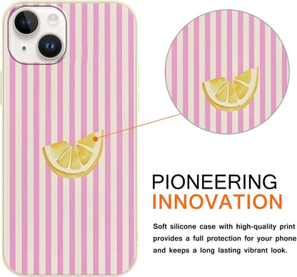 Cute Striped Case for iPhone 14/iPhone 13 Summer, Aesthetic Pink White Stripes Lemons Pattern Design Print Phone Cover for Women Men, Soft Slim TPU Protective Shell for iPhone 14 6,1"