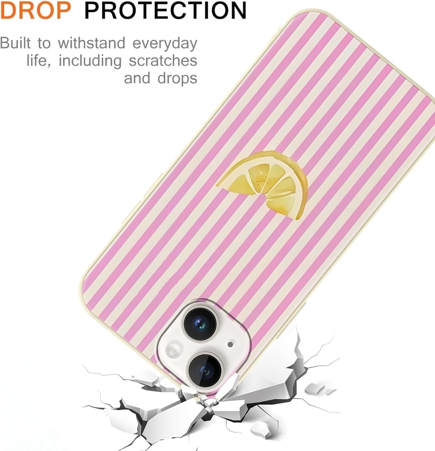 Cute Striped Case for iPhone 14/iPhone 13 Summer, Aesthetic Pink White Stripes Lemons Pattern Design Print Phone Cover for Women Men, Soft Slim TPU Protective Shell for iPhone 14 6,1"