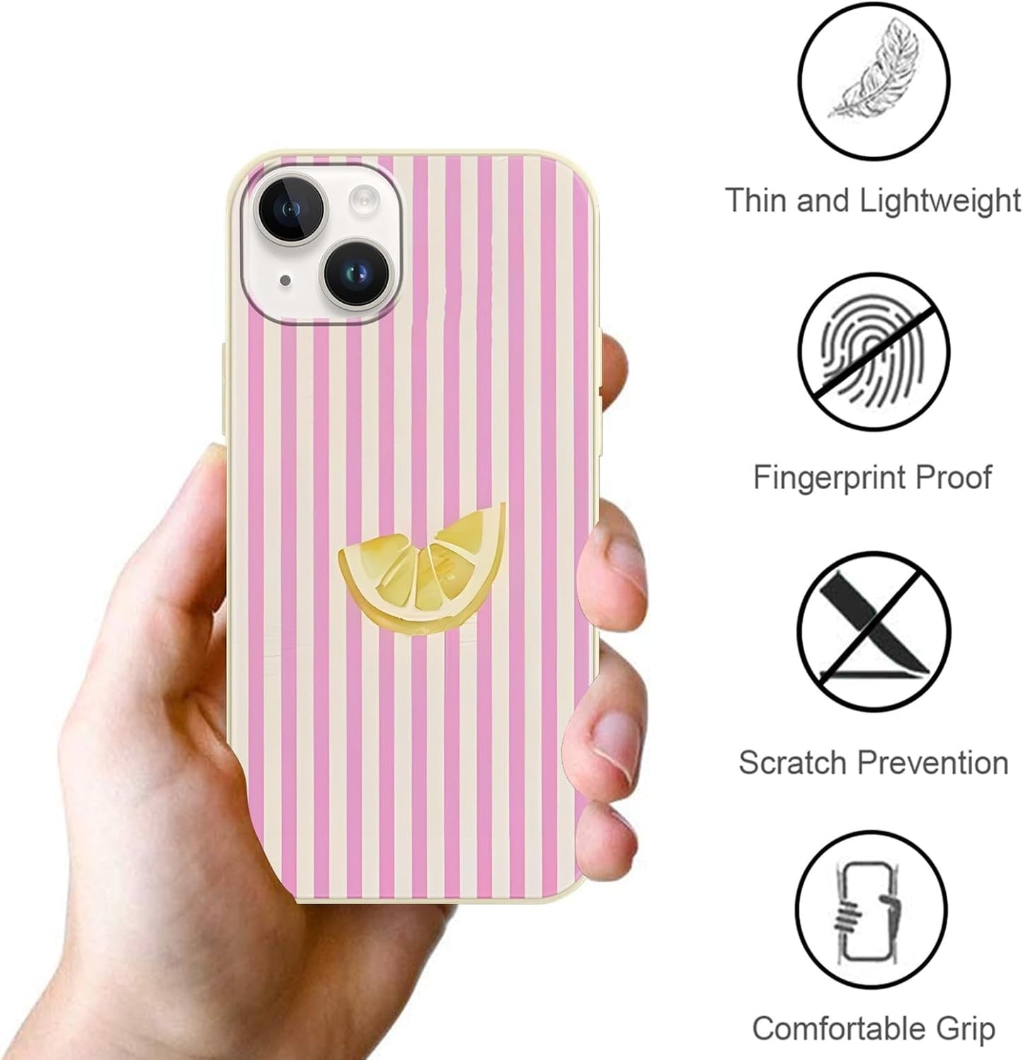 Cute Striped Case for iPhone 14/iPhone 13 Summer, Aesthetic Pink White Stripes Lemons Pattern Design Print Phone Cover for Women Men, Soft Slim TPU Protective Shell for iPhone 14 6,1"