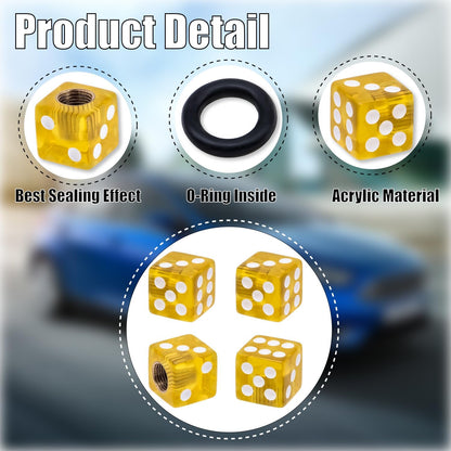 4PCS Dice Shape Tire Valve Stem Caps, Universal Copper Core Dustproof Tire Valve Stem Covers for Cars, SUV, Trucks, Bikes, Motorcycles, Bicycles(Yellow)