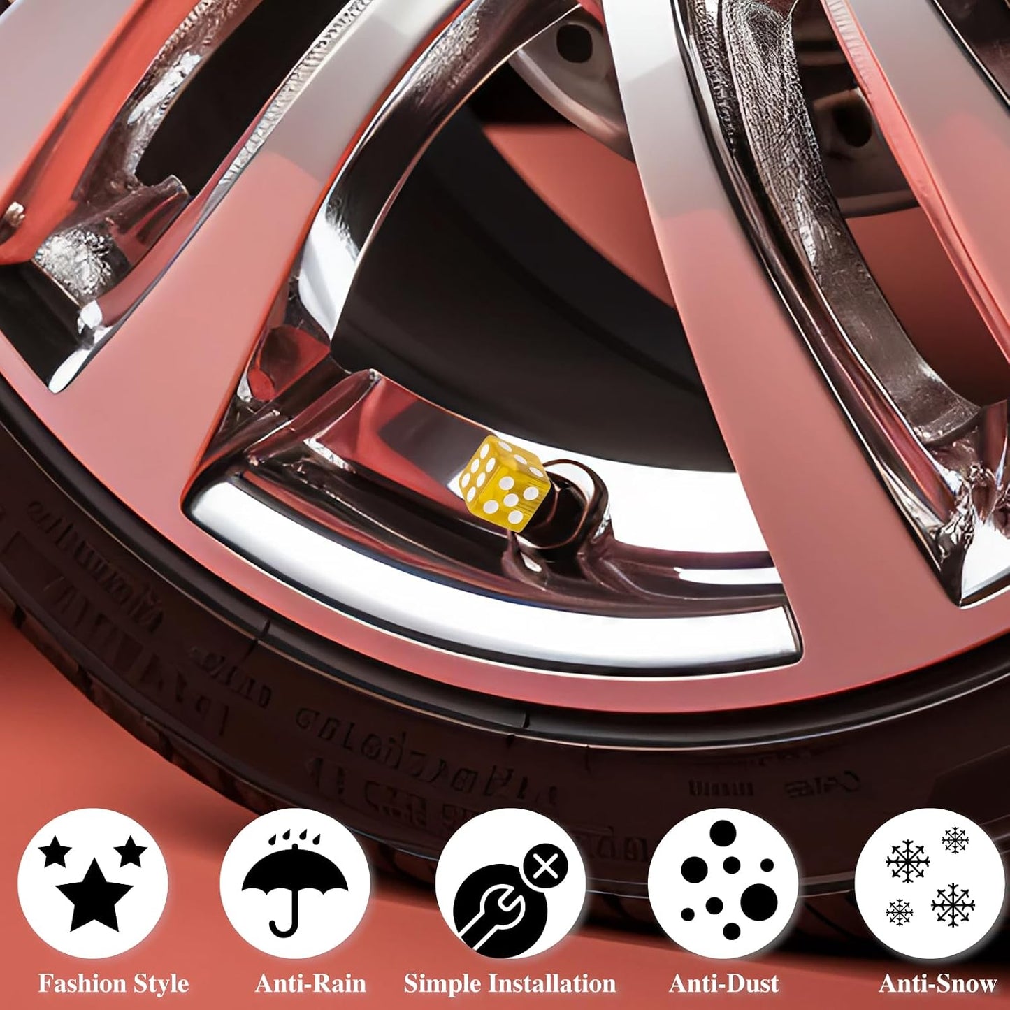 4PCS Dice Shape Tire Valve Stem Caps, Universal Copper Core Dustproof Tire Valve Stem Covers for Cars, SUV, Trucks, Bikes, Motorcycles, Bicycles(Yellow)