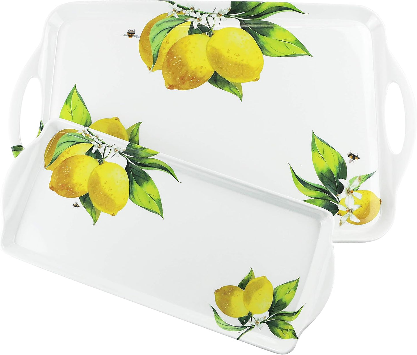 Calypso Basics 2pc Melamine Tray Set, Rectangular Serving/Ottoman Tray with Handles and Matching Small Tidbit Tray, Food Safe/BPA Free, Fresh Lemon Pattern