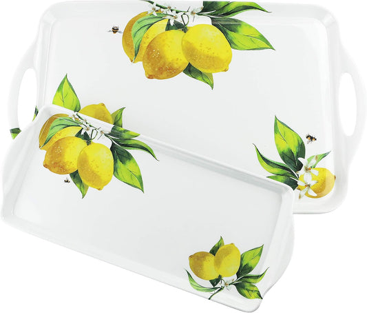 Calypso Basics 2pc Melamine Tray Set, Rectangular Serving/Ottoman Tray with Handles and Matching Small Tidbit Tray, Food Safe/BPA Free, Fresh Lemon Pattern