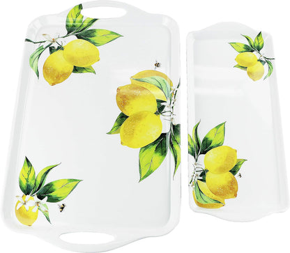 Calypso Basics 2pc Melamine Tray Set, Rectangular Serving/Ottoman Tray with Handles and Matching Small Tidbit Tray, Food Safe/BPA Free, Fresh Lemon Pattern